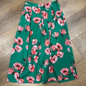 Who What Wear Green A-Line Midi Skirt with Pink Floral Print